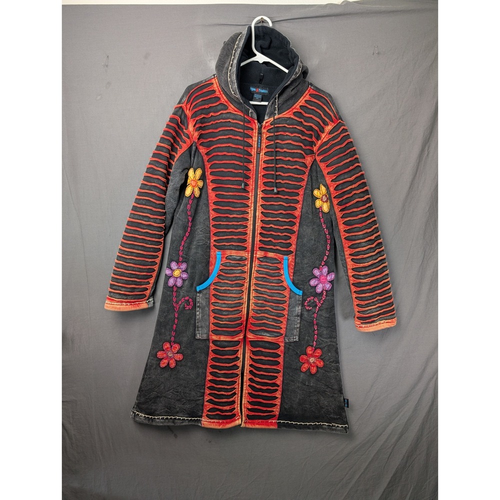 Agan Traders Boho Embroidered Long Zip Up Hoodie Jacket Black Red Floral XL